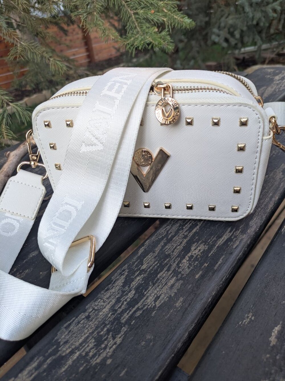 Valentino Orlandi White, Gold Studded Crossbody Camera Bag Purse,Gold Double Zip
